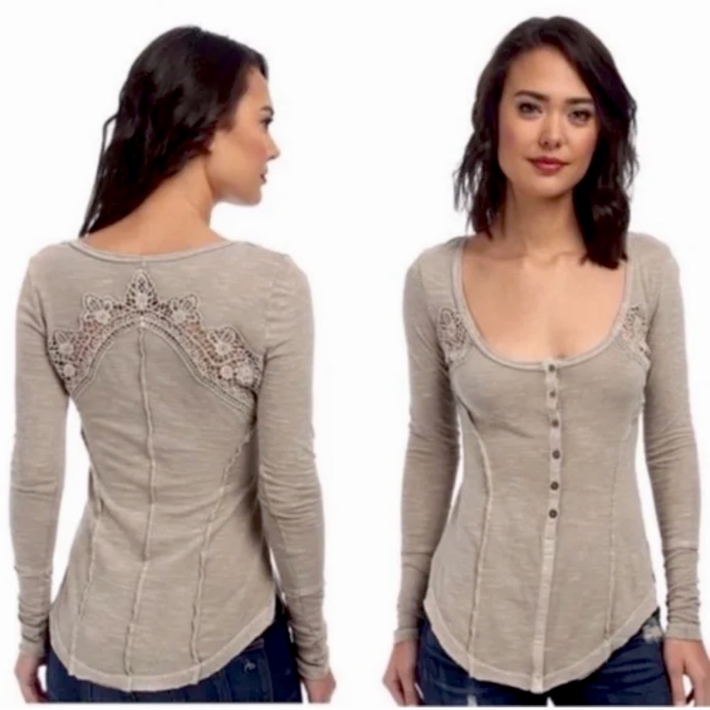 Free People Keepsake Crochet Long Sleeve Slub Henley Tan Top Medium M